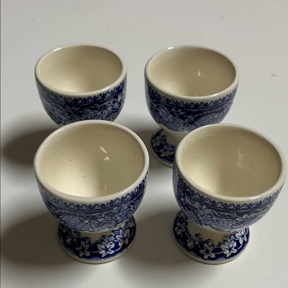 4 Vintage Masons ironstone vista Floral Blue and White single Egg Cups